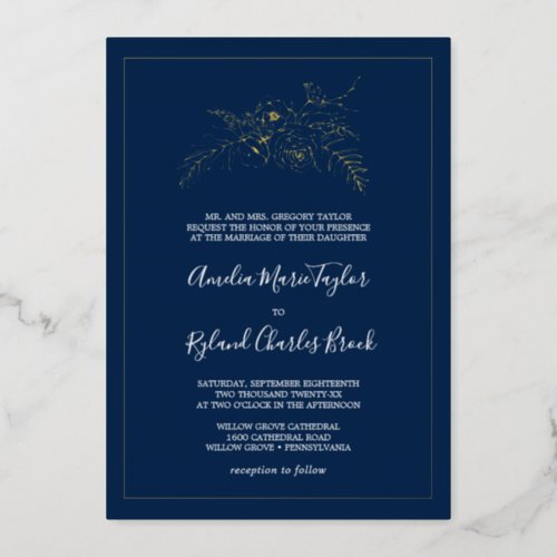 Gilded Floral  Gold Foil Navy Blue Formal Wedding Foil Invitation