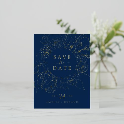 Gilded Floral  Gold Foil Navy Blue Save the Date Foil Invitation Postcard