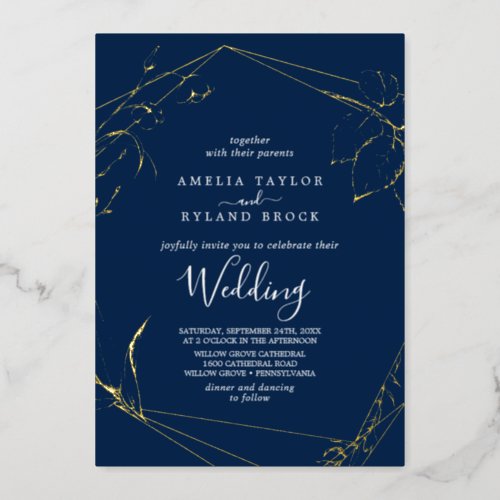 Gilded Floral  Gold Foil Navy Blue Wedding Foil Invitation