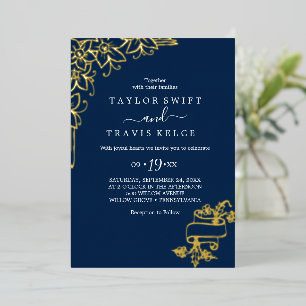 Gilded Floral   Gold Foil Navy Front & Back Weddin Invitation