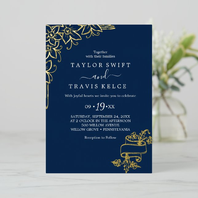 Gilded Floral | Gold Foil Navy Front & Back Weddin Invitation (Standing Front)