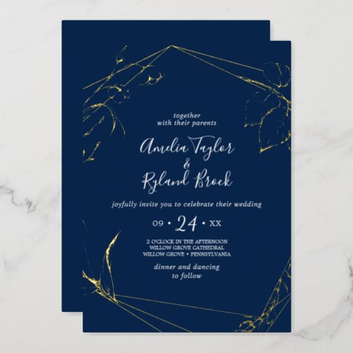 Gilded Floral  Gold Foil Navy Front Back Wedding Foil Invitation
