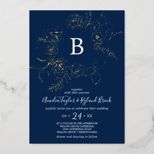 Gilded Floral  Gold Foil Navy Monogram Wedding Foil Invitation