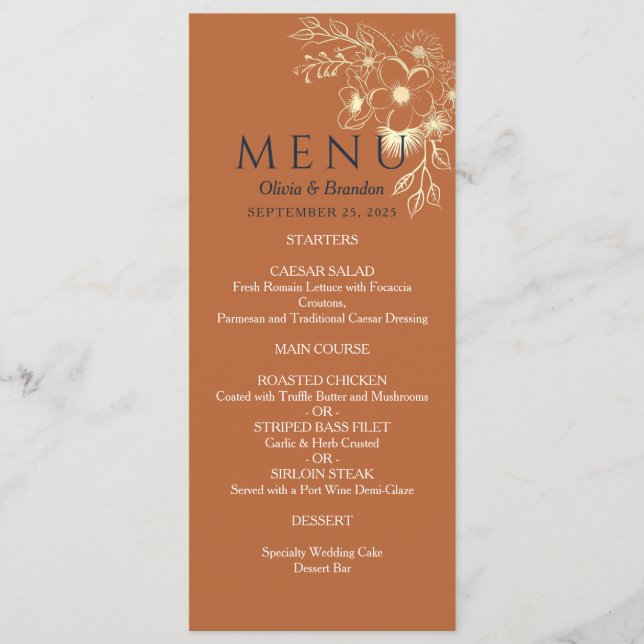 Gilded Floral Gold Wedding Menu (Front)