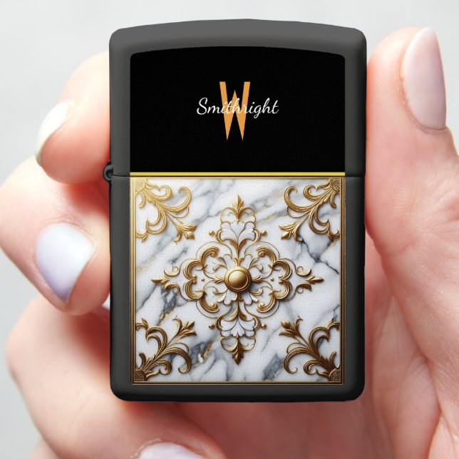 Gilded Floral Marble Design Zippo Lighter (In Hand)