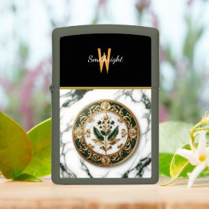 Gilded Floral Medallion on Marble Zippo Lighter