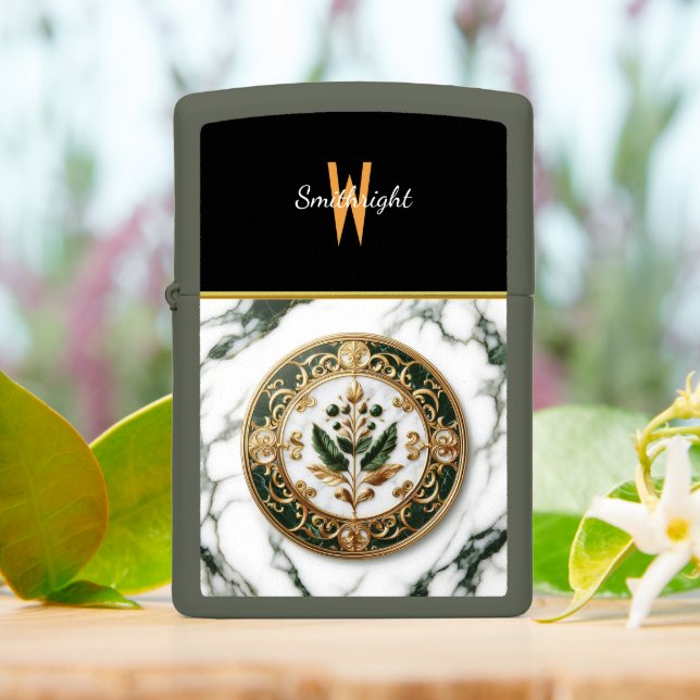 Gilded Floral Medallion on Marble Zippo Lighter (On Table)