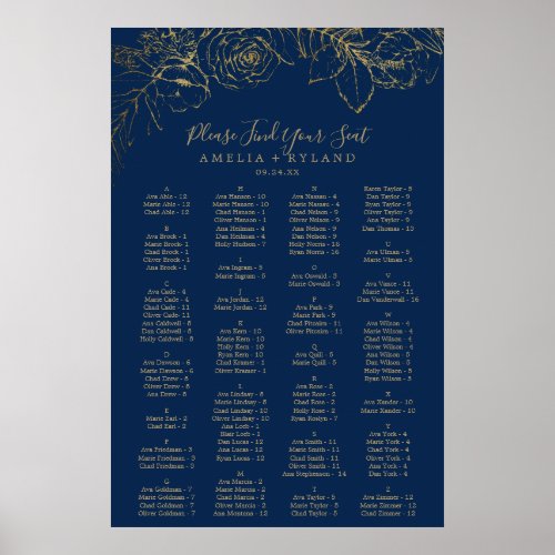 Gilded Floral  Navy Alphabetical Seating Chart