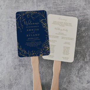 Gilded Floral Navy and Gold Wedding Program Fan