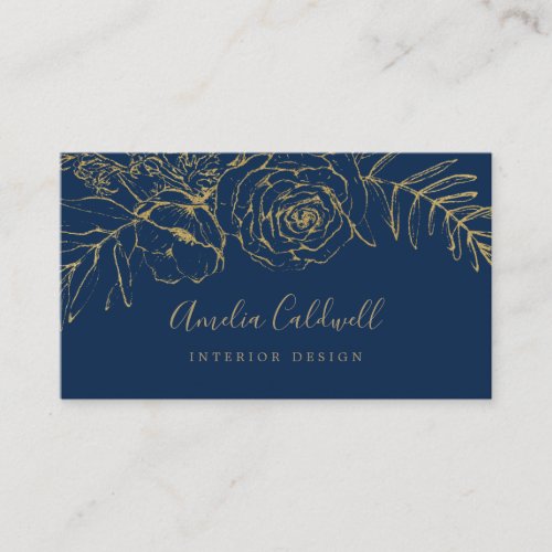 Gilded Floral  Navy Blue and Gold Business Card