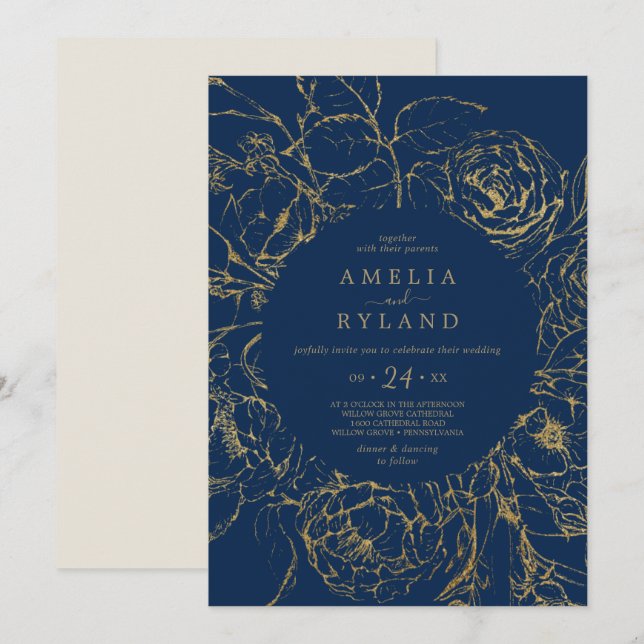 Gilded Floral | Navy Blue and Gold Casual Wedding Invitation (Front/Back)