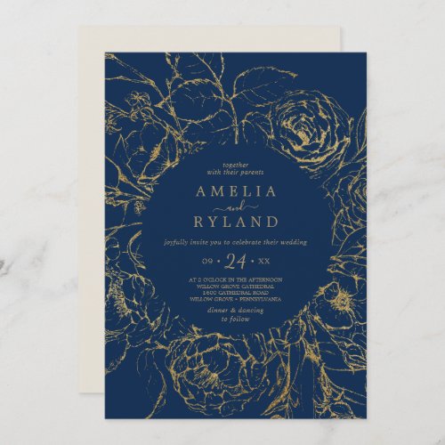 Gilded Floral  Navy Blue and Gold Casual Wedding Invitation