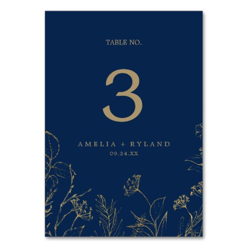 Gilded Floral  Navy Blue and Gold Table Number