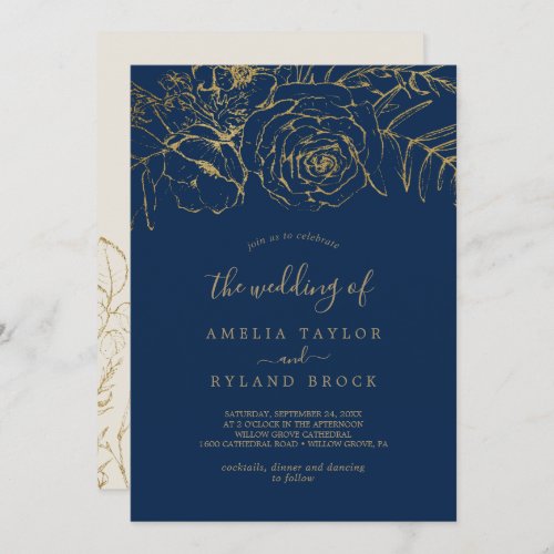 Gilded Floral  Navy Blue and Gold The Wedding Of Invitation