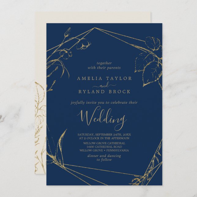 Gilded Floral | Navy Blue and Gold Wedding Invitation (Front/Back)