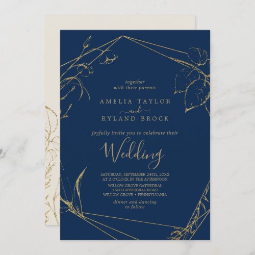 Gilded Floral  Navy Blue and Gold Wedding Invitation