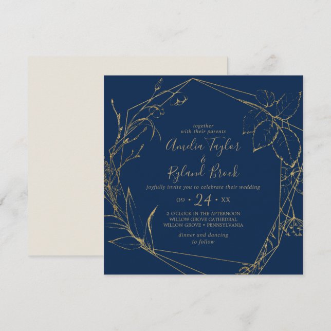 Gilded Floral | Navy Blue & Gold Geometric Wedding Invitation (Front/Back)