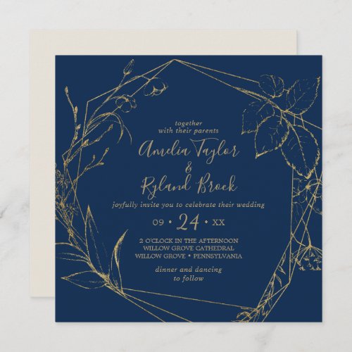 Gilded Floral  Navy Blue  Gold Geometric Wedding Invitation