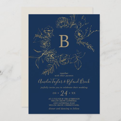 Gilded Floral  Navy Blue  Gold Monogram Wedding Invitation