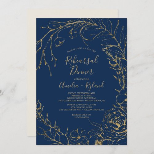 Gilded Floral  Navy Blue  Gold Rehearsal Dinner Invitation