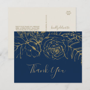 Gilded Floral Navy Blue & Gold Thank You Postcard