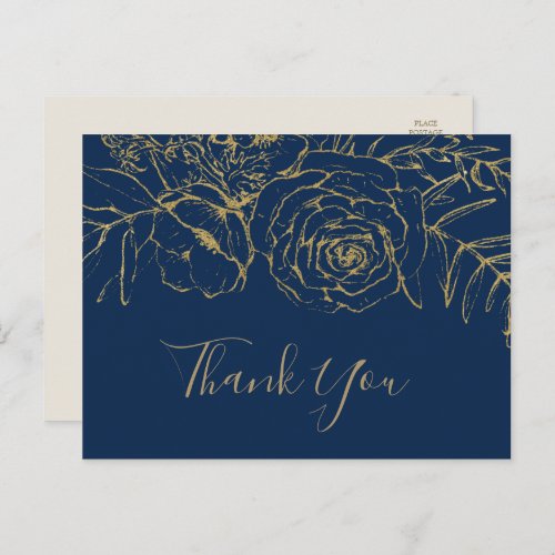 Gilded Floral Navy Blue  Gold Thank You Postcard