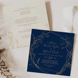 Gilded Floral Navy Gold All In One Square Wedding Invitation