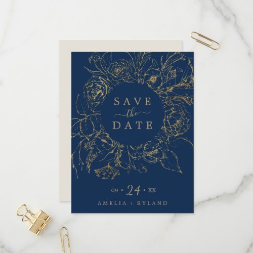 Gilded Floral Navy  Gold Save the Date Postcard