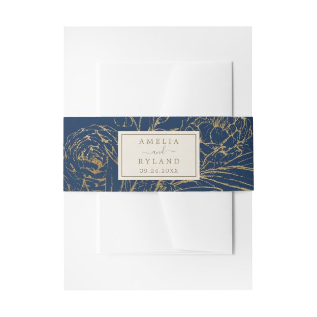 Gilded Floral Navy Wedding Invitation Belly Band (Front Example)