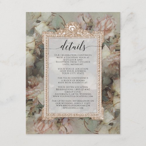 Gilded Floral Pink White Baroque Script Details Enclosure Card