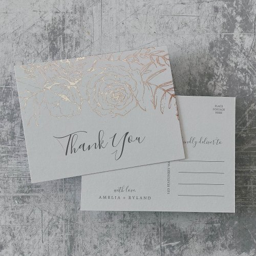 Gilded Floral  Rose Gold Foil and Gray Thank You Foil Invitation Postcard