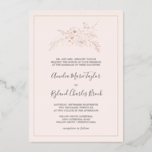 Gilded Floral Rose Gold Foil Blush Formal Wedding Foil Invitation