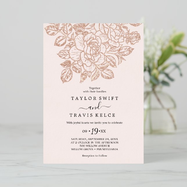 Gilded Floral Rose Gold Foil & Blush Wedding  Foil Invitation (Standing Front)