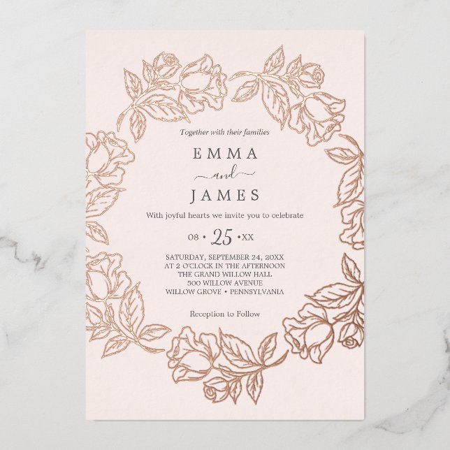 Gilded Floral | Rose Gold Foil Blush Wedding  Invitation (Front)