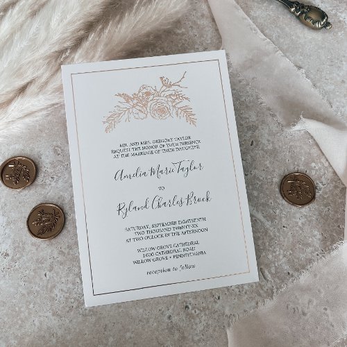 Gilded Floral  Rose Gold Foil Formal Wedding Foil Invitation