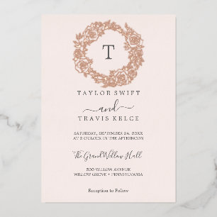 Gilded Floral Rose Gold Foil Pink Monogram Weddi Invitation
