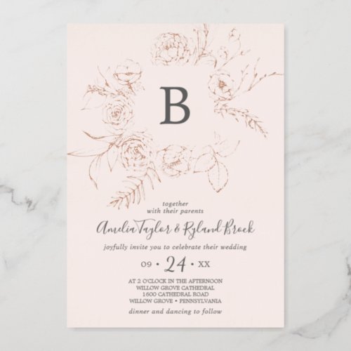Gilded Floral Rose Gold Foil Pink Monogram Wedding Foil Invitation