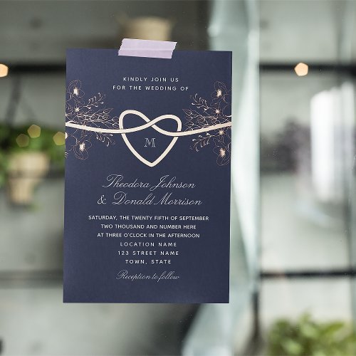 Gilded Floral Rose Gold Navy Blue Wedding Foil Invitation