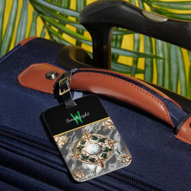 Gilded Floral Rosette on Marble Luggage Tag (Front Insitu 1)