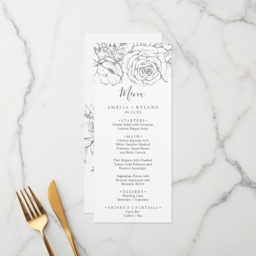 Gilded Floral  Silver and White Wedding Dinner Menu