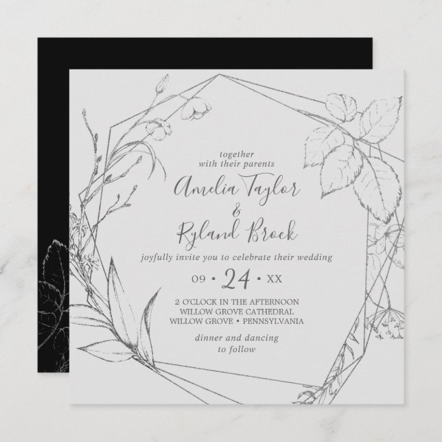 Gilded Floral | Silver & Black All In One Wedding Invitation (Front/Back)