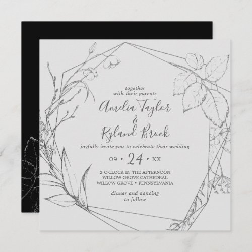 Gilded Floral  Silver  Black All In One Wedding Invitation