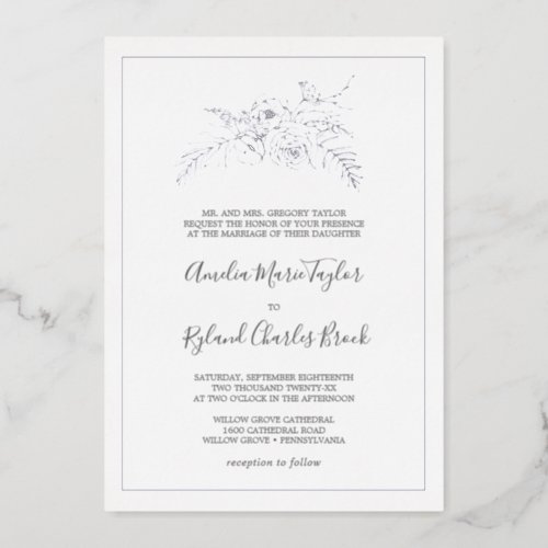 Gilded Floral  Silver Foil Formal Wedding Foil Invitation