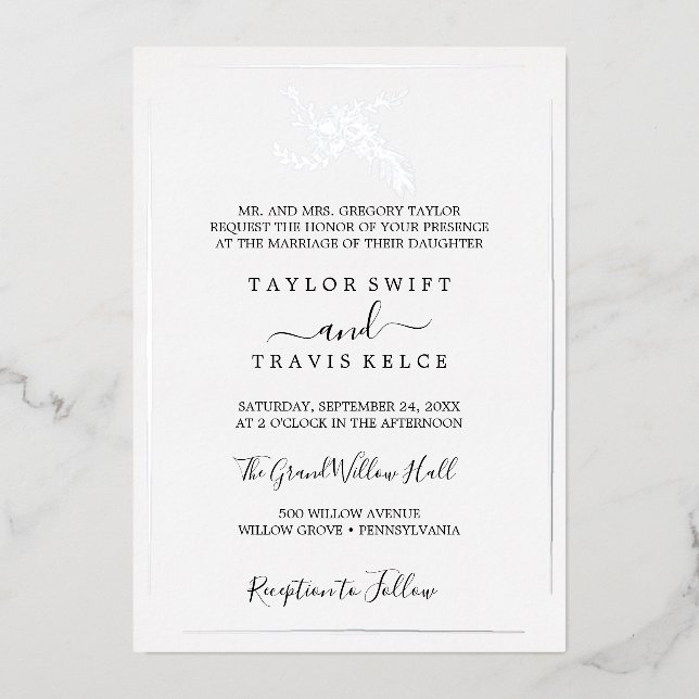 Gilded Floral | Silver Foil Formal Wedding  Invitation (Front)
