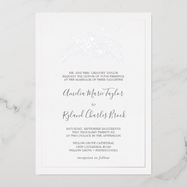 Gilded Floral | Silver Foil Formal Wedding Invitation (Front)