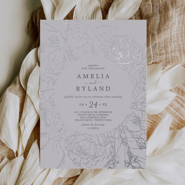 Gilded Floral |  Silver Foil Gray Casual Wedding Foil Invitation (Creator Uploaded)