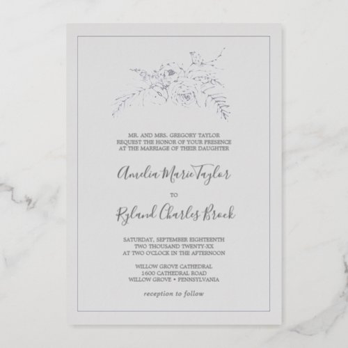 Gilded Floral  Silver Foil Gray Formal Wedding Foil Invitation