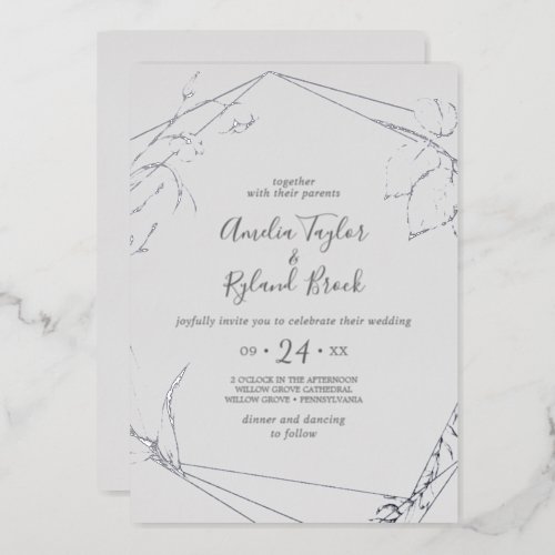 Gilded Floral Silver Foil Gray Front Back Wedding Foil Invitation