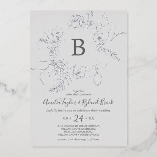 Gilded Floral  Silver Foil Gray Monogram Wedding Foil Invitation
