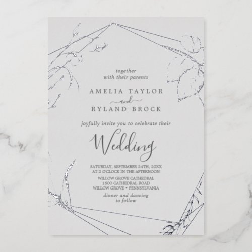 Gilded Floral  Silver Foil Gray Wedding Foil Invitation